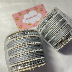 Silver double square karra metal dotted bangles choorian set