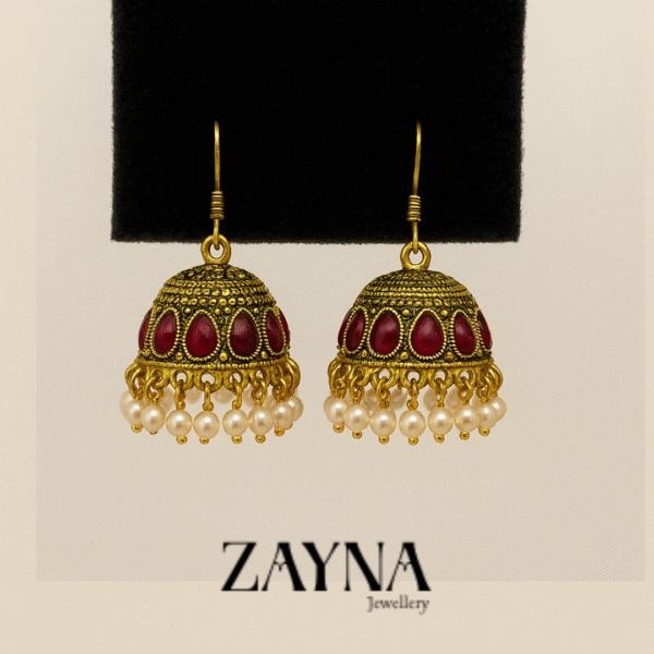 Mahroon-Golden white Pearl Jhumka